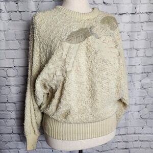 Pierre Cardin Vintage Beige Floral Beaded Sweater Womens Medium Acrylic Knit